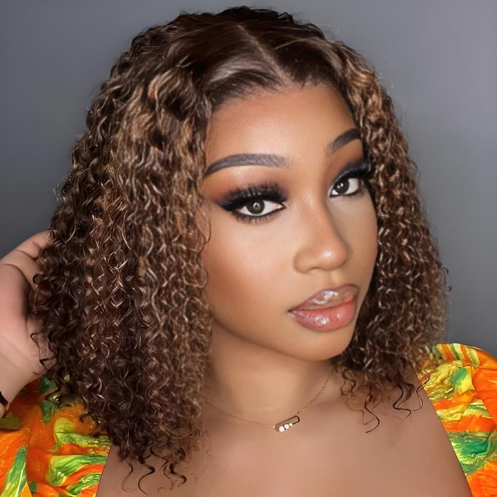 Bob-length deep wave wig with ombré color shown on model in bright outfit.