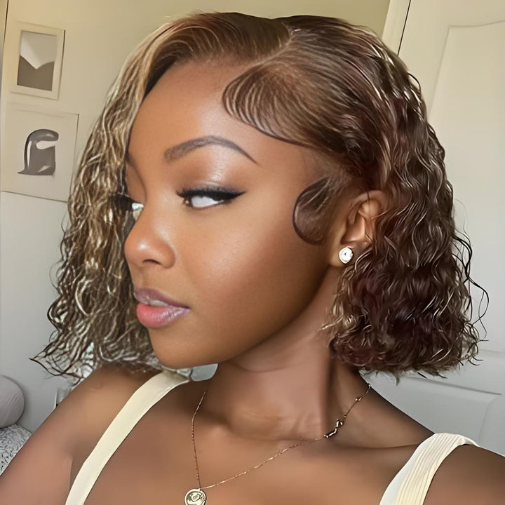 Side profile of short curly bob wig with honey blonde highlights and baby hair.