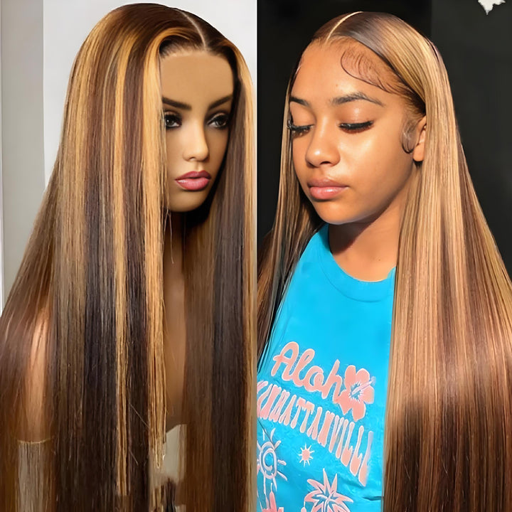 Front view comparison of P4/27 highlight wig on mannequin and model, showing lace melt and length.