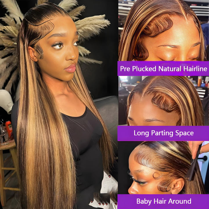 Close-up collage showing pre-plucked hairline, long parting space, and baby hair on P4/27 highlight wig.