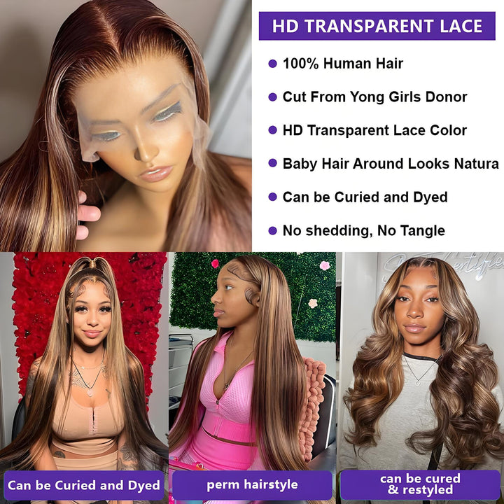 Collage of lace wig features including HD lace, baby hair, no tangle, and various styling on P4/27 highlight wig.