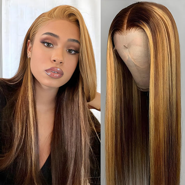 Side part P4/27 highlight wig shown on model and mannequin, featuring natural lace and sleek finish.