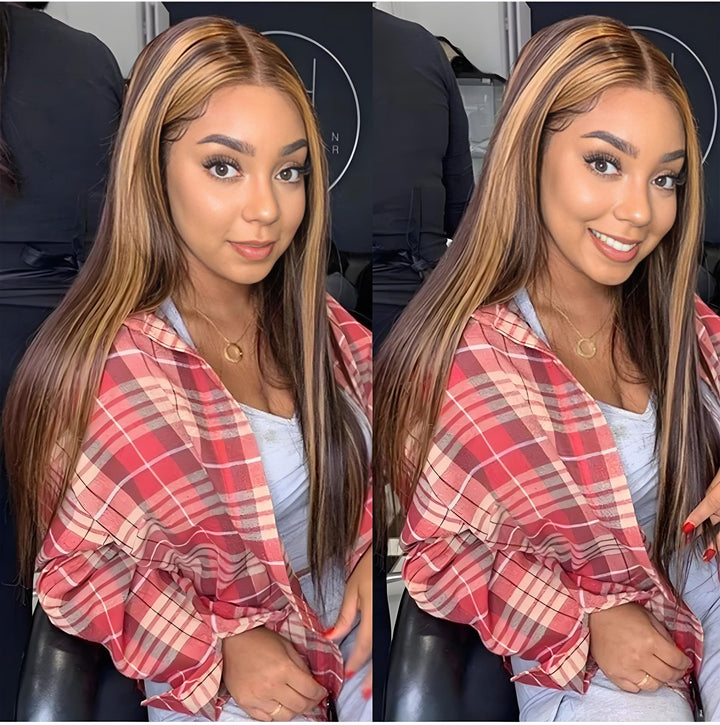Real customer wearing straight P4/27 highlight wig, showing natural hairline and bright facial framing.