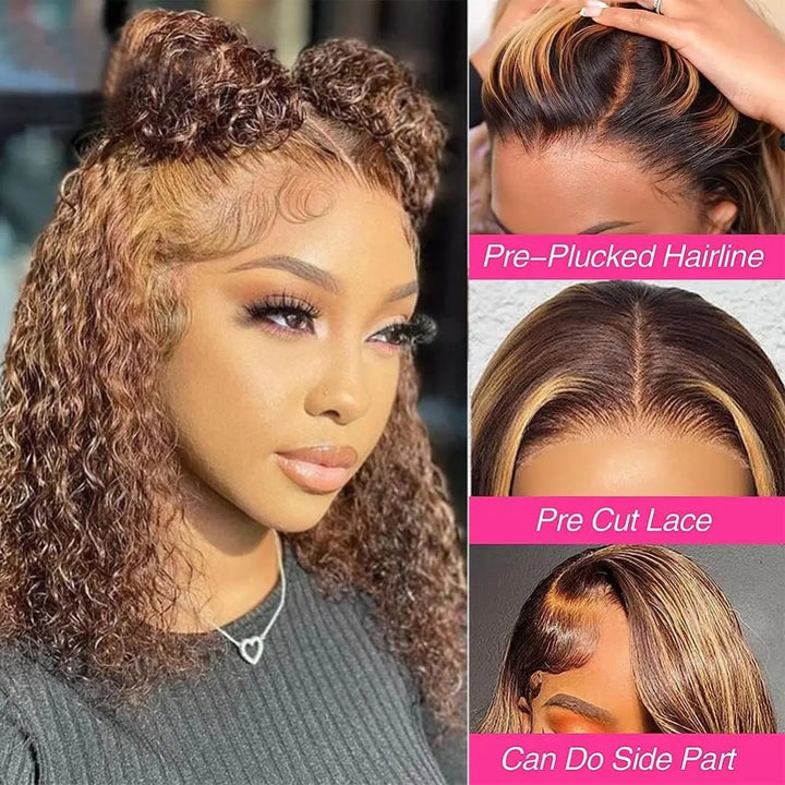 Highlight wig close-ups showing pre-plucked hairline, parting options, and pre-cut lace.
