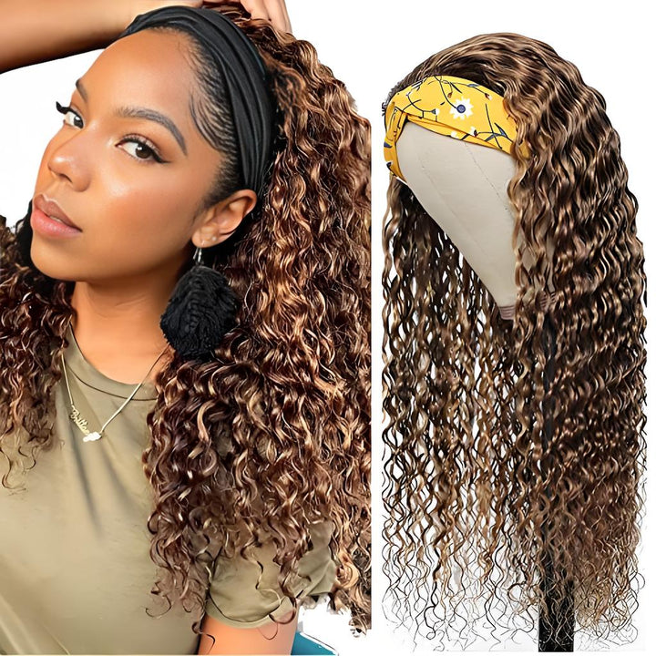 Side and front views of brown and honey blonde highlighted deep wave wig on model and mannequin with different headbands.