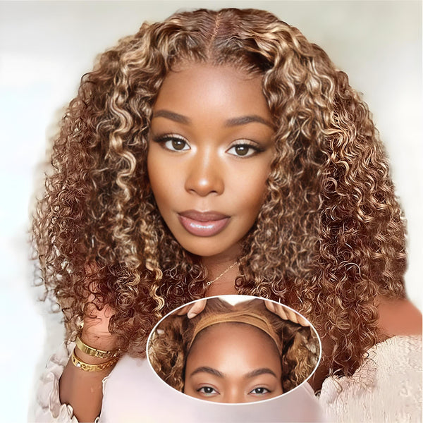 Highlighted deep wave bob wig shown with close-up of lace melt and middle parting.