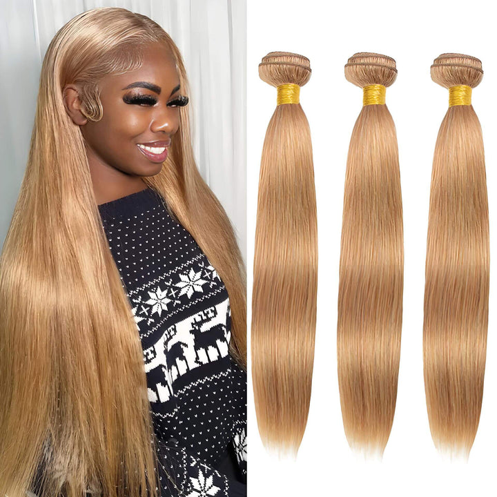 Model with honey blonde #27 straight bundles installed, side view with three bundles shown separately.