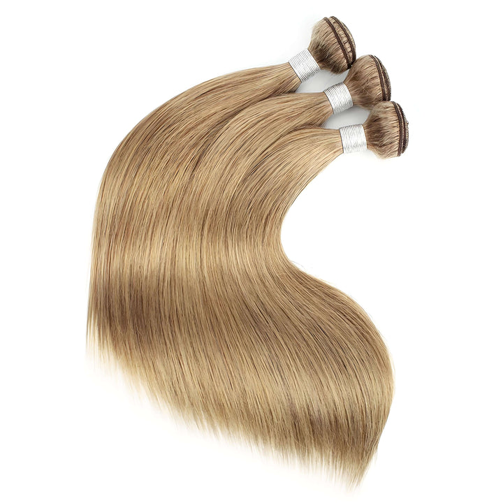 Three honey blonde #27 straight bundles displayed in smooth curve, highlighting silky texture and shine.