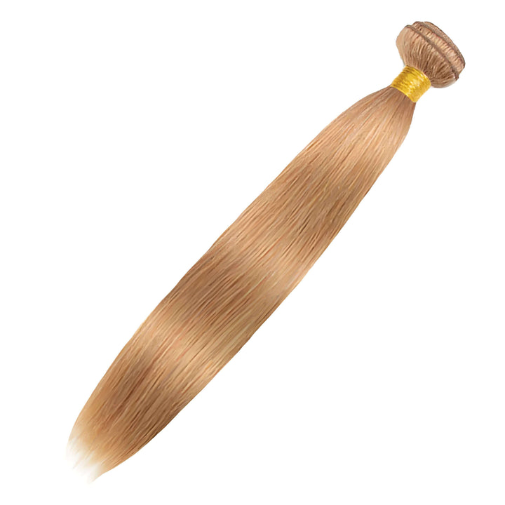 Single bundle of honey blonde #27 straight human hair, wrapped with golden band and sleek finish.