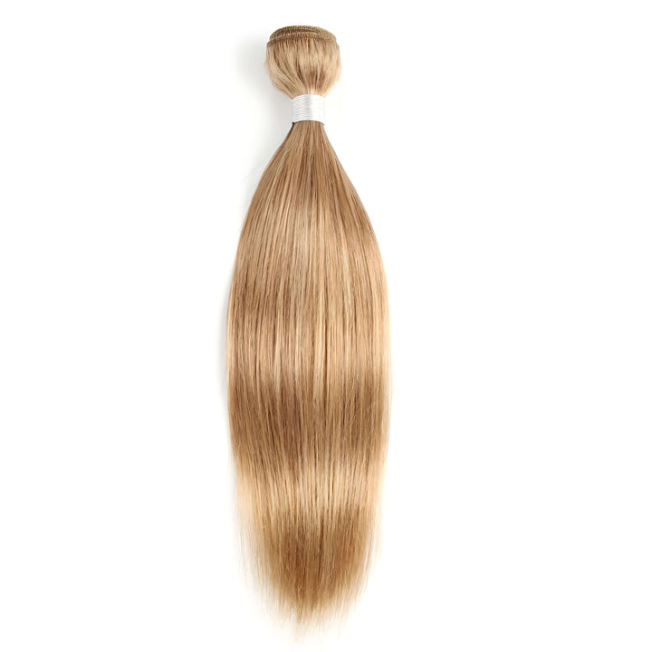 Single honey blonde #27 straight hair bundle tied with silver band, full and silky from root to tip.
