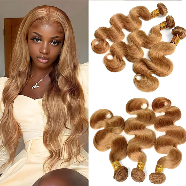 Honey blonde body wave hair bundles shown with model wearing long wavy style, highlighting smooth golden waves and fullness.