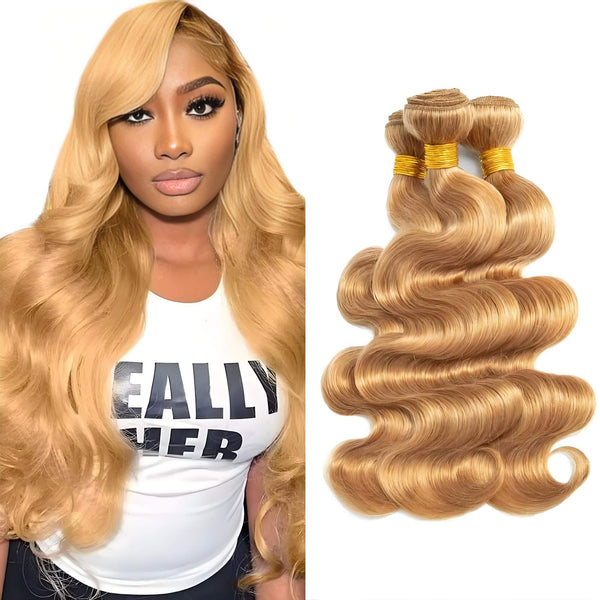 Model wearing long honey blonde body wave bundles, paired with three bundles on the side showing shiny and voluminous look.