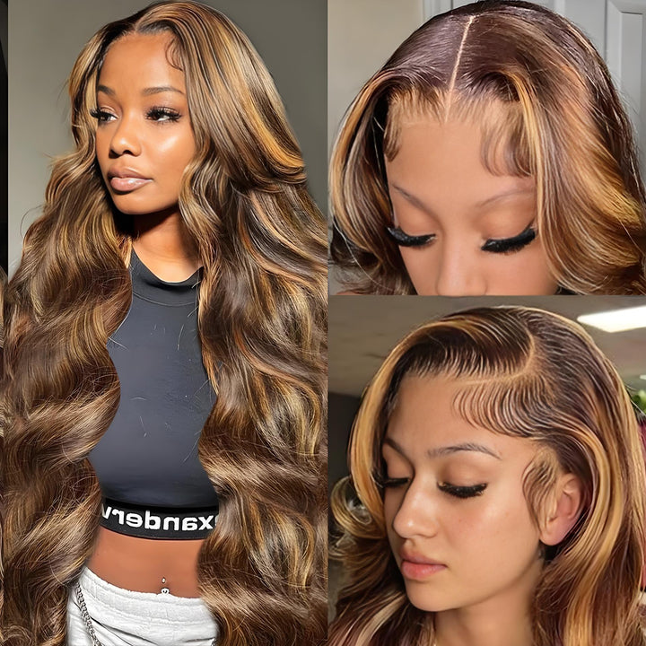 Close-up of glueless lace wig with honey blonde highlights, showing pre-plucked hairline and body wave texture.