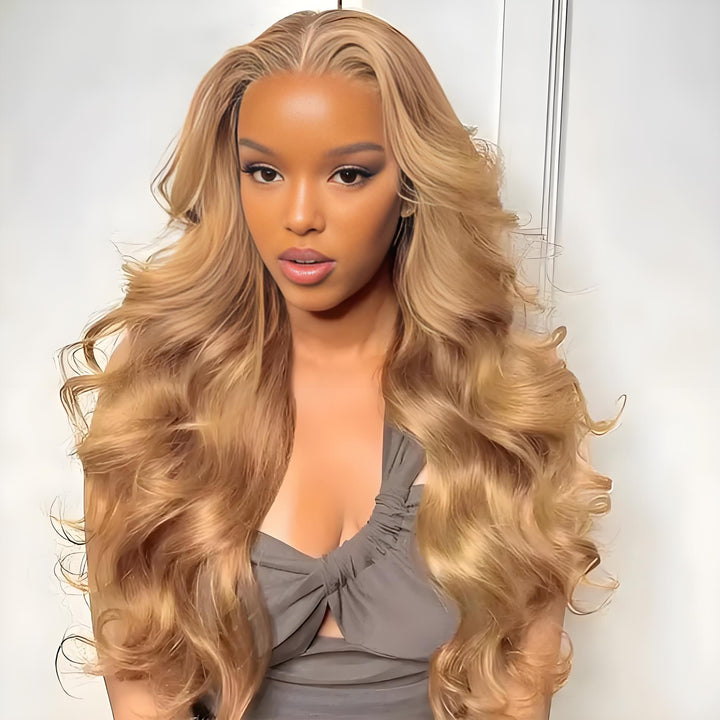 Honey blonde body wave lace front wig worn by model; middle part, soft curls, natural HD lace look.