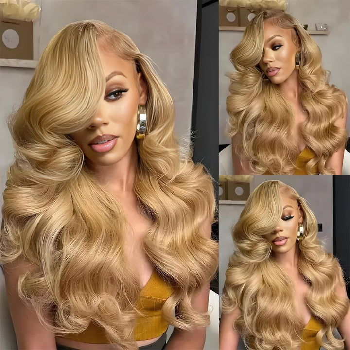 High-volume honey blonde body wave wig styled on model with big curls and deep side part for glamorous look.