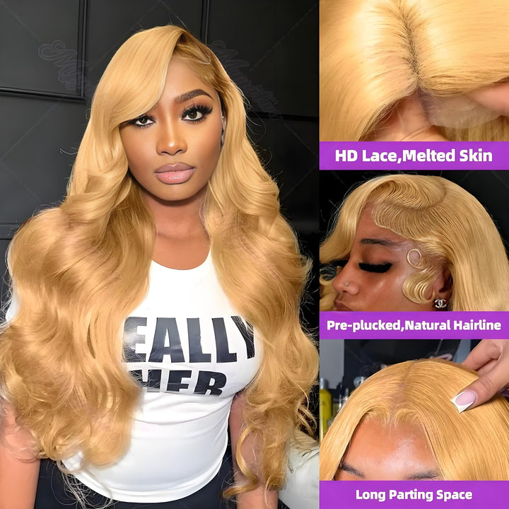 Model with honey blonde wig and HD lace closeups showing melted lace, long parting space, and baby hair.