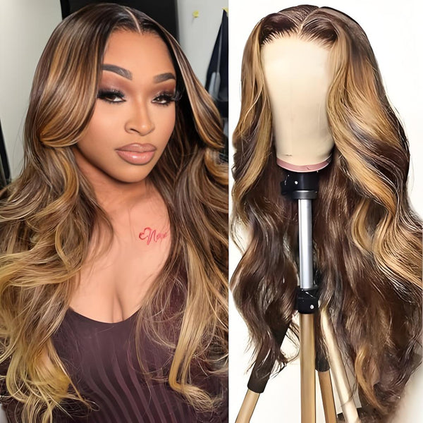 Model wearing honey blonde body wave wig with face-framing highlights, alongside the wig shown on a stand for texture and lace detail view.