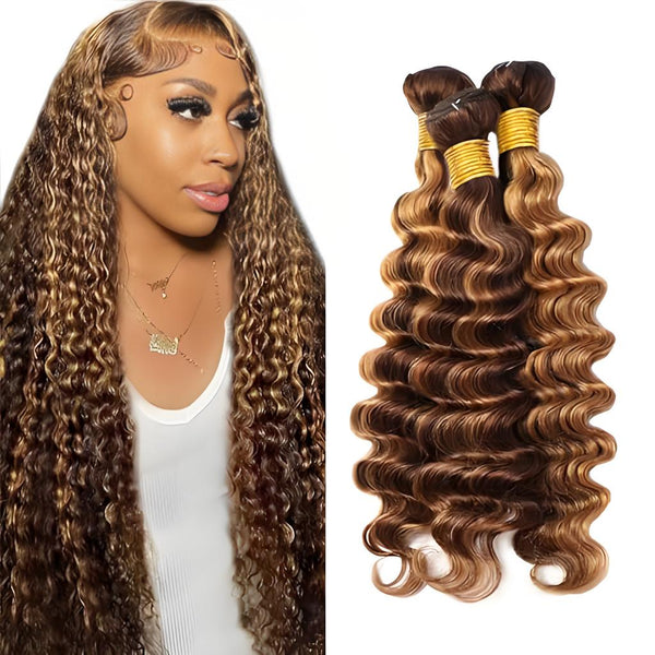 Side view of a model wearing honey blonde deep wave hair and close-up of three bundled hair pieces.