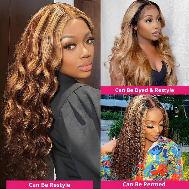 Models showcasing honey blonde highlight deep wave bundles in various styles such as straightened, dyed, and permed.