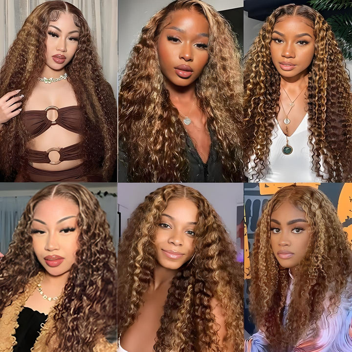 Collage of six women wearing honey blonde deep wave bundles in different lighting and styles.