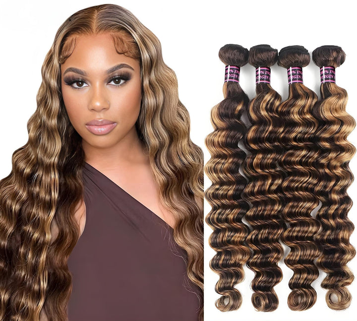 Woman wearing honey blonde deep wave hair next to four matching bundles arranged vertically.