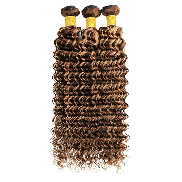 Four honey blonde highlight deep wave bundles displayed upright with full curl pattern shown.