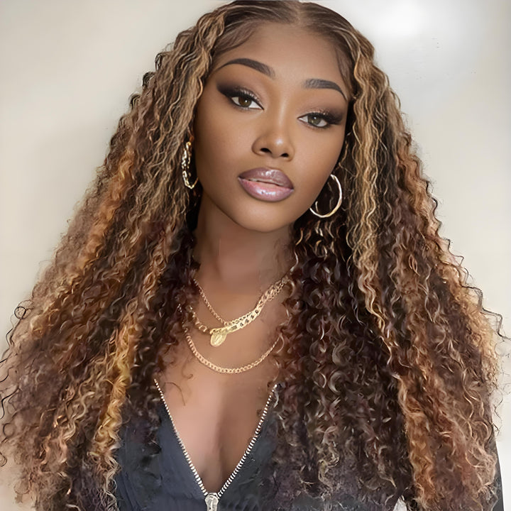 Close-up of a woman wearing long honey blonde highlight deep wave bundles with defined part and curls.