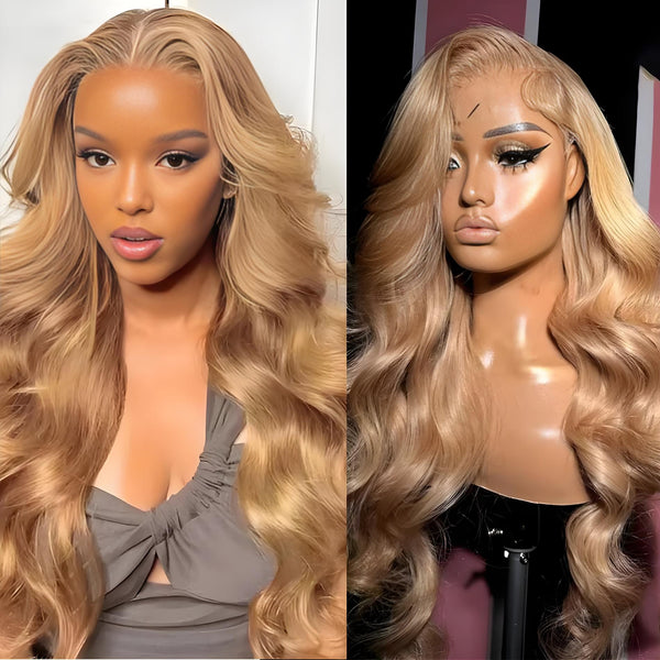 Comparison of honey blonde wig on model and mannequin, showcasing natural look and pre-plucked hairline.