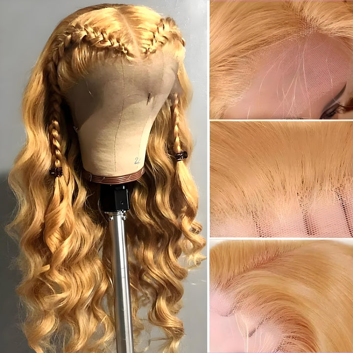 Wig displayed on mannequin with close-up of transparent lace, showing bleached knots and natural hairline.