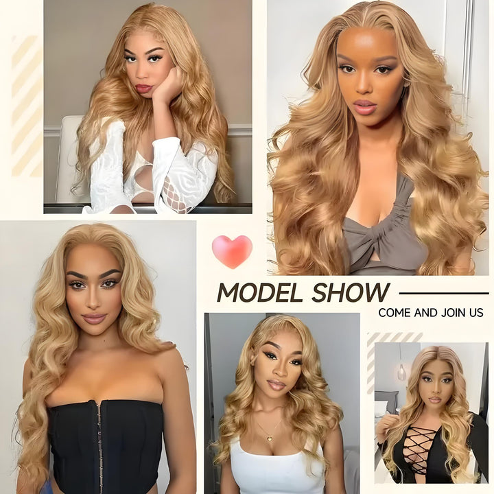 Collage of multiple models wearing honey blonde wigs, showcasing lace parting, color match, and styling variety.