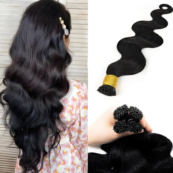 Before-and-after view showing EuxmeHair I-tip body wave extensions applied to long dark hair.