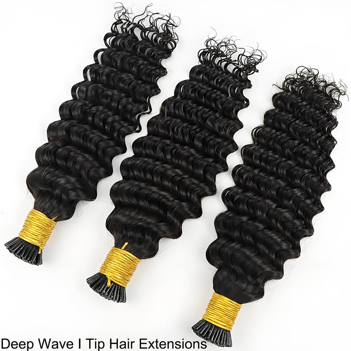 Three bundles of EuxmeHair I-tip deep wave extensions laid flat to display consistent curl pattern and texture.