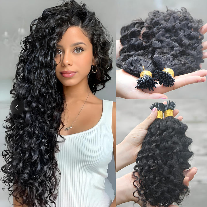 Model wearing EuxmeHair deep wave I-tip extensions with natural shine and defined curls on one side.