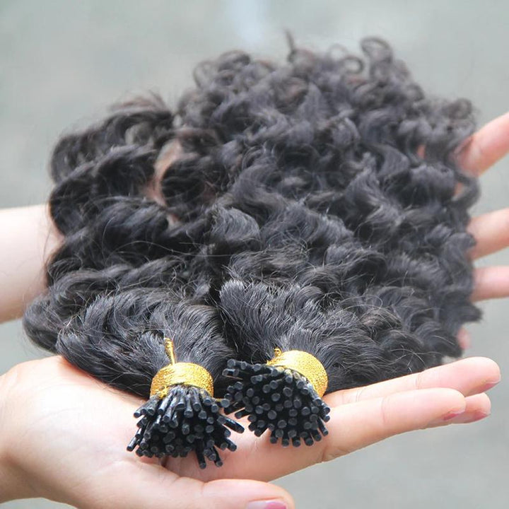 Model with installed EuxmeHair deep wave I-tip hair and close-up views of individual extension strands.