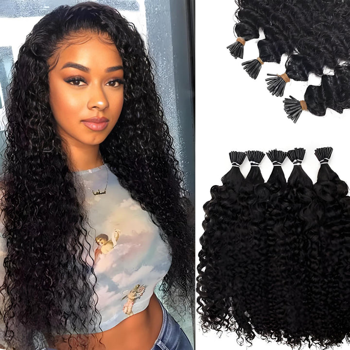 Overview of EuxmeHair I Tip Kinky Curly hair bundles with model wearing the style and bundles arranged by curl type and strand count.