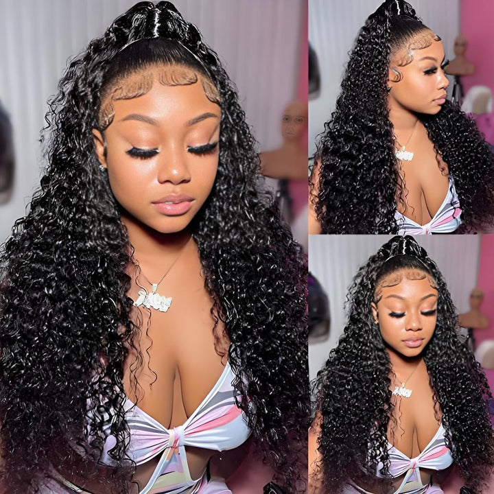 Half-up ponytail installation using EuxmeHair I Tip Kinky Curly extensions, showing natural hairline and defined curls.