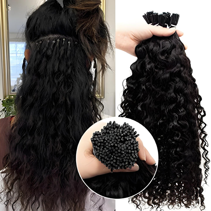 Back view of EuxmeHair I Tip Kinky Curly extensions installed with beads, paired with a close-up of the tip structure and curl definition.