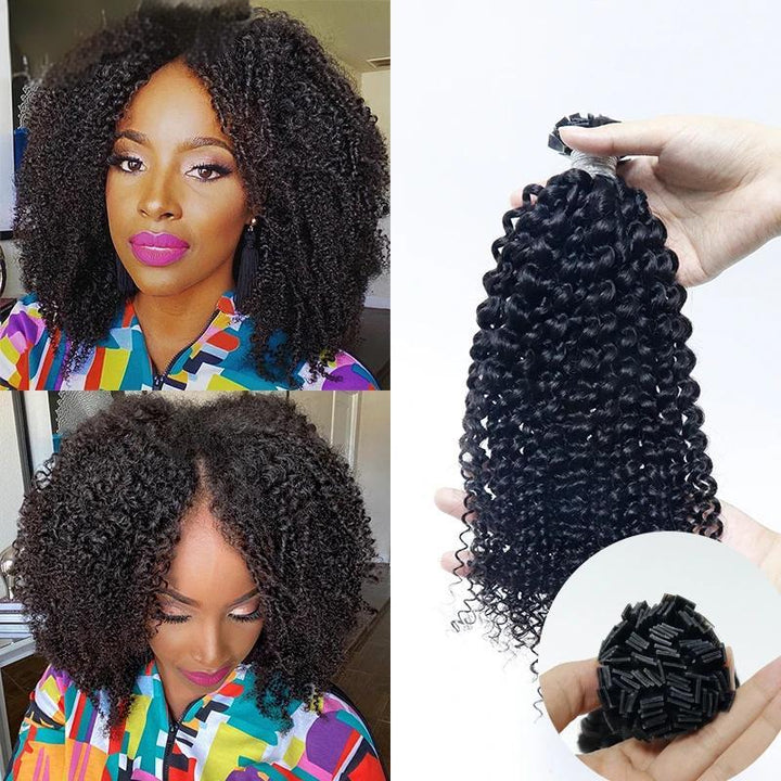 Side-by-side comparison of EuxmeHair I Tip Kinky Curly extensions worn on model and held in hand, showing texture and volume.