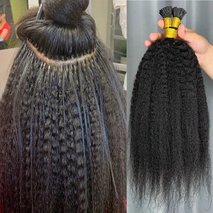 Close-up view of I Tip Kinky Straight extensions during bead install showing texture match and secure placement.