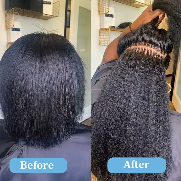 Before and after photos showing transformation using EuxmeHair I Tip Kinky Straight Extensions with micro bead installation.