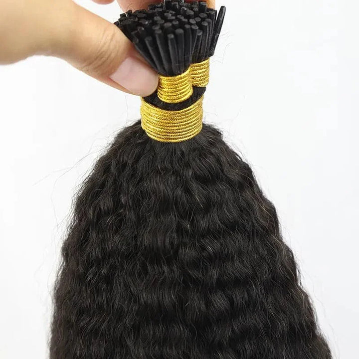 Close-up of EuxmeHair I Tip Kinky Straight bundle with defined straight texture and golden binding wrap.