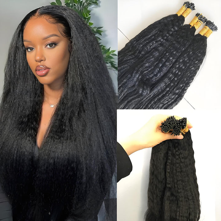 EuxmeHair kinky straight I Tip bundles alongside model, showing natural blowout-like texture and density.