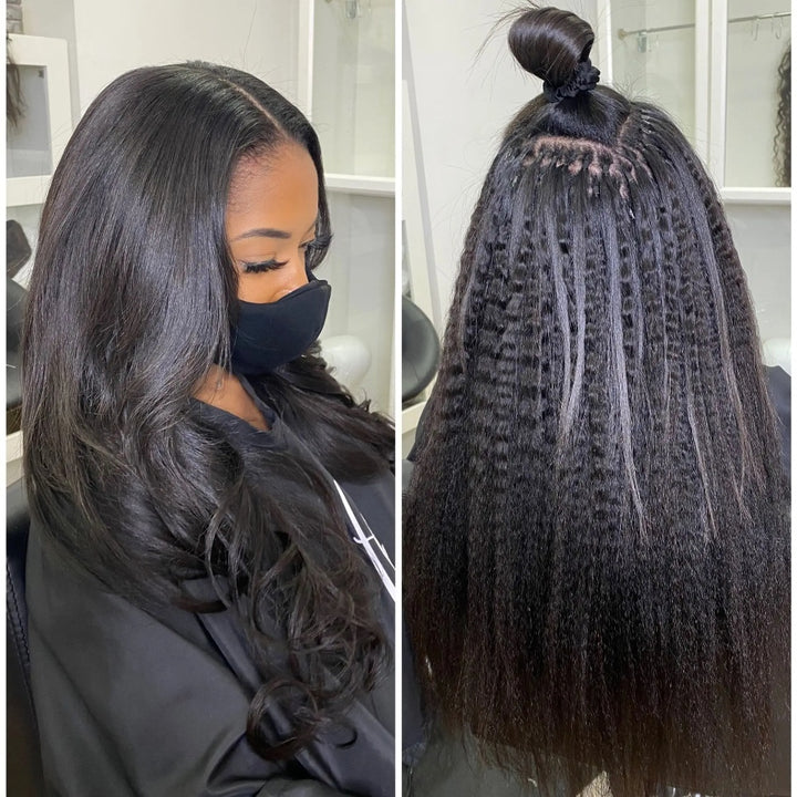 Side-by-side image showing curled I Tip install result and bead-secured installation process in natural hair.