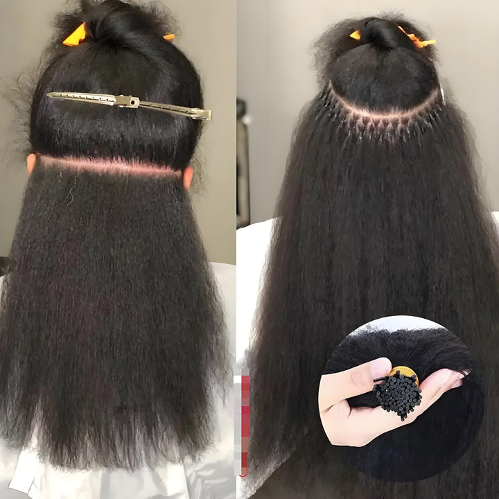 Step-by-step I Tip Kinky Straight hair installation process with close-up view of micro beads and sectioned natural hair.