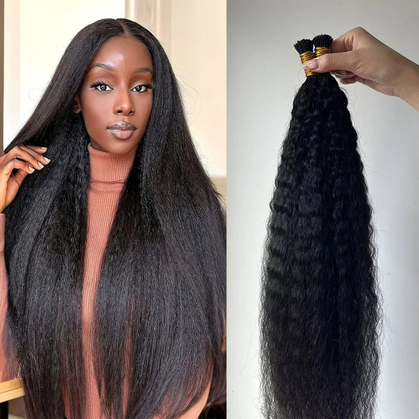 Model showcasing long, sleek Kinky Straight I Tip extensions with matching texture hair bundle held alongside.