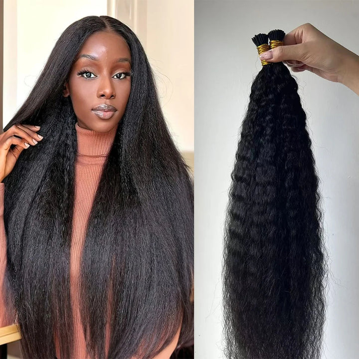Model showcasing long, sleek Kinky Straight I Tip extensions with matching texture hair bundle held alongside.