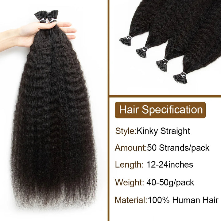 Specification chart of EuxmeHair I Tip Kinky Straight extensions detailing strand count, weight, and length.