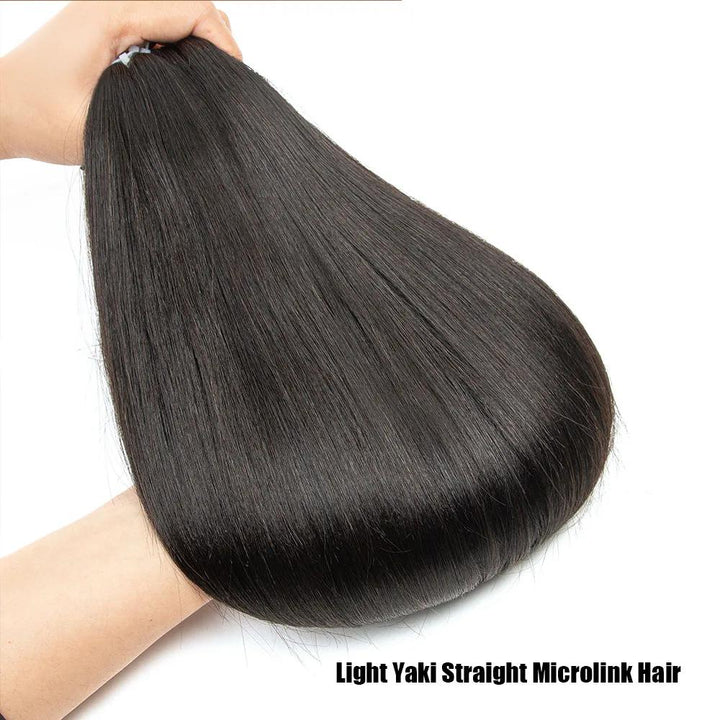 Light Yaki Straight Microlink Hair showing soft texture and healthy shine for a relaxed finish.