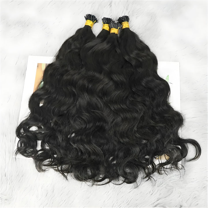 Step-by-step guide for applying I Tip hair extensions using micro rings and pulling needle.