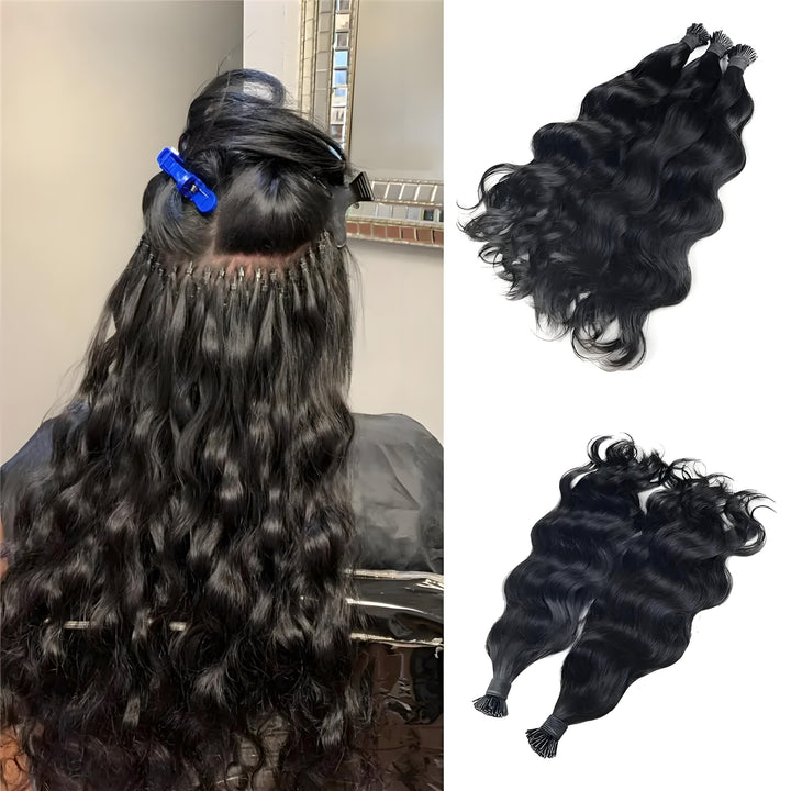 Product information chart for I Tip Natural Wave bundles, showing length, weight, and texture highlights.